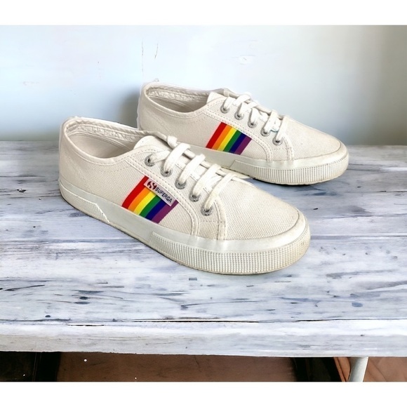 Superga White Rainbow Canvas Platform Sneakers in White, Size 7 - Picture 1 of 11
